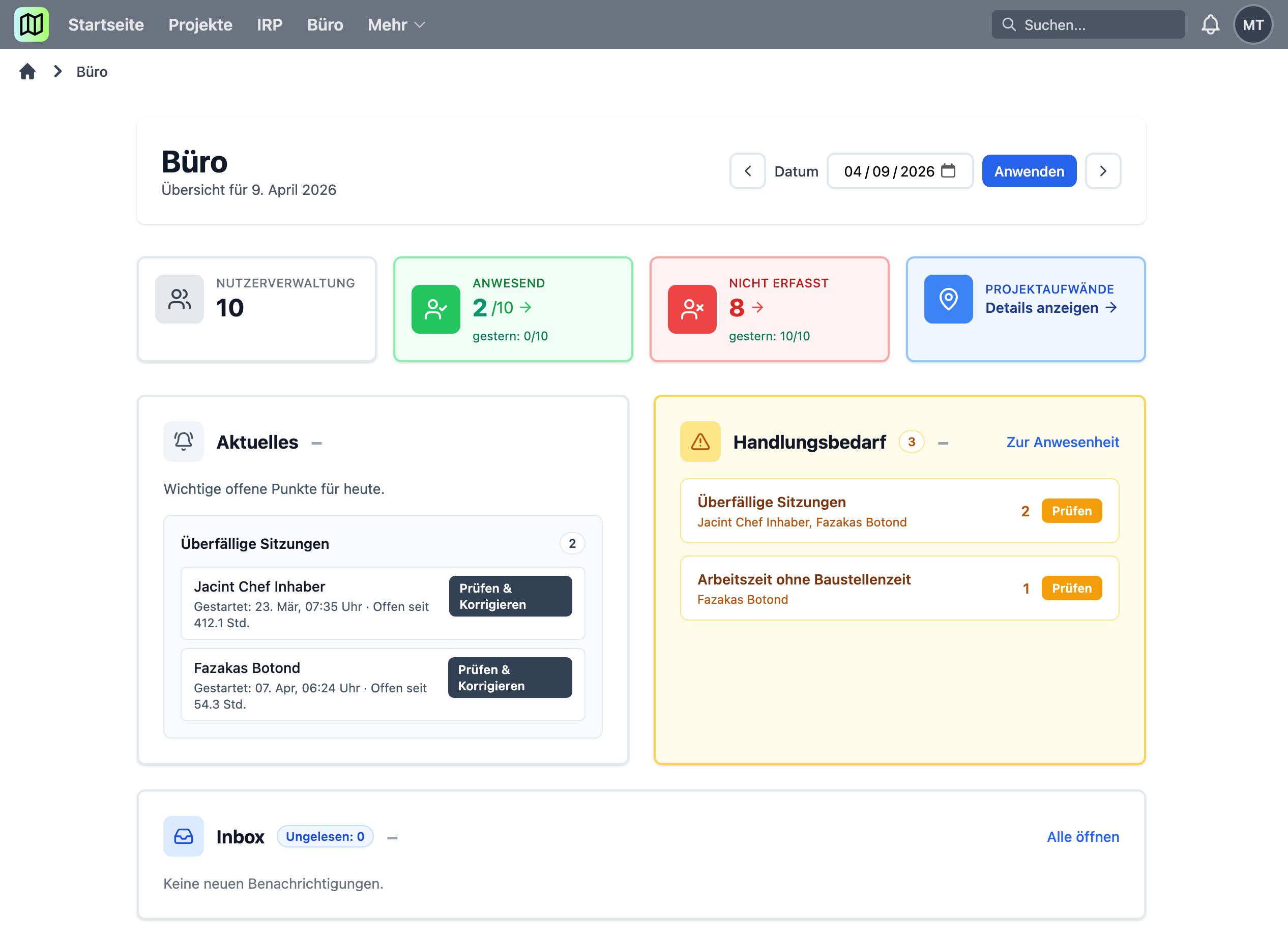Toolbox Übersicht für Baustellen, Zeiten und Dokumente